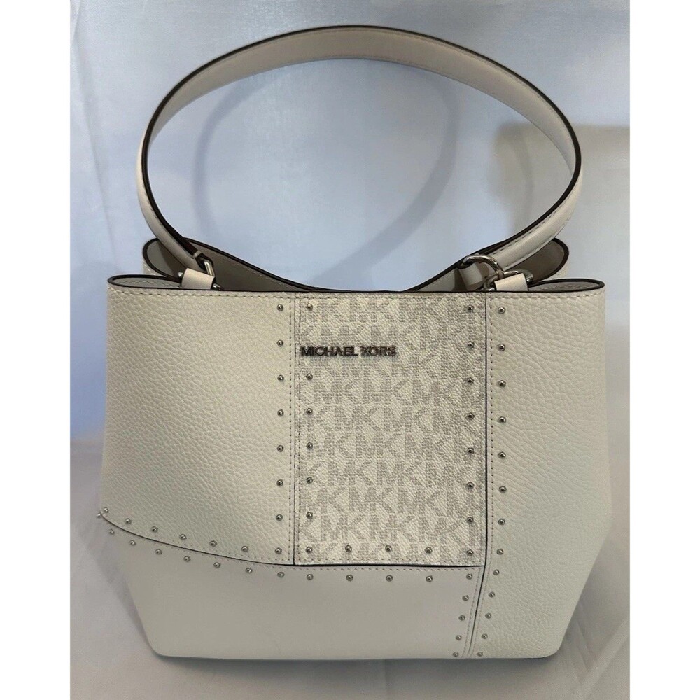 Michael Kors MK Signature Studded Shoulder Bag + Wallet White Set Medium Purse - Picture 3 of 16